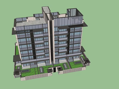 Modern Multistory Residential Building With Glass Curtain Walls Roof Terraces And Ground Green Spaces 3d model