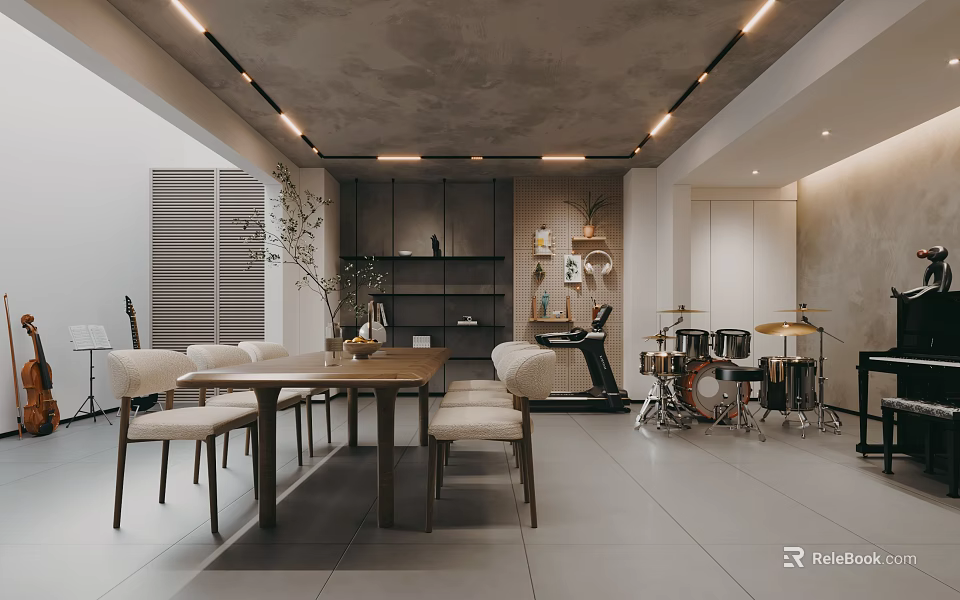Modern Entertainment Room Interior Design With Sofa Dining Table Chairs And Drum Set 3d model 