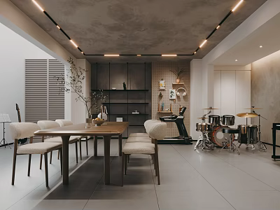 Modern Entertainment Room Interior Design With Sofa Dining Table Chairs And Drum Set 3d model