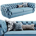 Elegant Blue Leather Two Seater Sofa With Tufted Design And Patterned Pillows 3d model