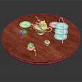 Wooden Round Tray With Tea Set Teacups Teapot Saucers And Tiered Rack