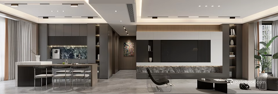 Modern Living and Dining Room Interior With Open Layout Wooden Cabinets and Decorative Painting 3d model 