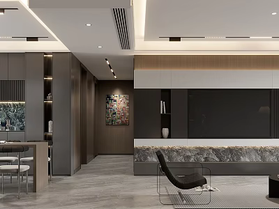 Modern Living and Dining Room Interior With Open Layout Wooden Cabinets and Decorative Painting 3d model