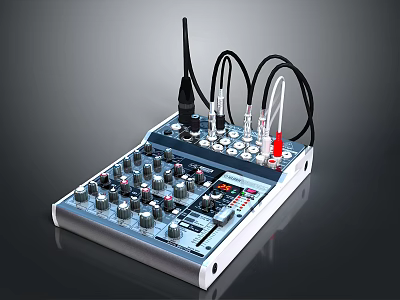 Professional Audio Mixer With Multiple Knobs Buttons Cables And Antenna 3d model