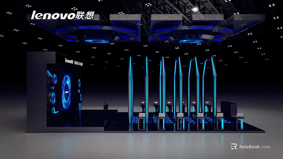 Lenovo Tech Exhibition Booth With Modern Blue Lighting And Displayed Devices 3d model 