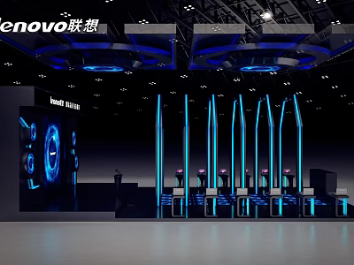 Lenovo Tech Exhibition Booth With Modern Blue Lighting And Displayed Devices 3d model