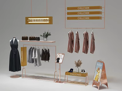 Stylish Clothing Rack with Hanging Dresses Coats Accessories Shoes Handbags and Potted Plant 3d model