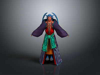 Man in Traditional Costume with Purple Robe Red Green Details and Decorative Headpiece 3d model