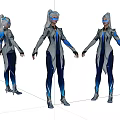 Game And Movie Character In Futuristic Gray Blue Outfit With Silver Details And White Hair