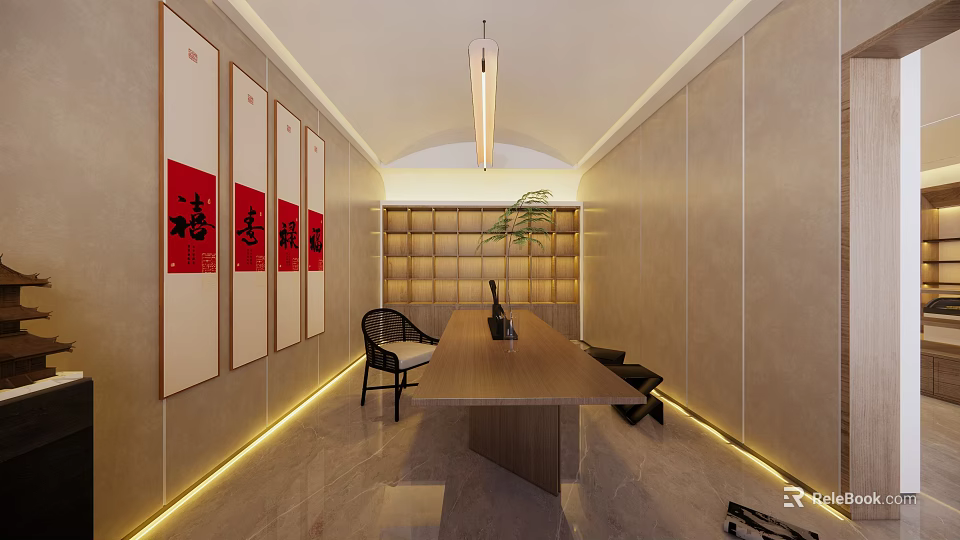 Traditional Chinese Study Room With Wooden Table Calligraphy Scrolls And Bookshelf 3d model 