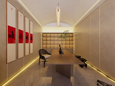 Traditional Chinese Study Room With Wooden Table Calligraphy Scrolls And Bookshelf 3d model