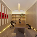 Traditional Chinese Study Room With Wooden Table Calligraphy Scrolls And Bookshelf