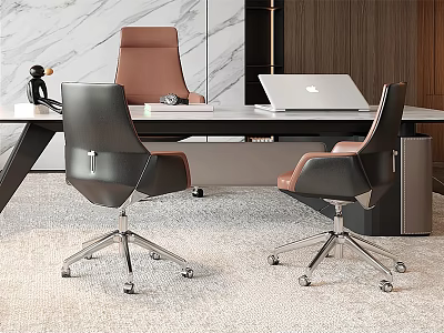 Modern Home Office Table And Chair Set With Black Brown Leather Seats And Metal Legs 3d model