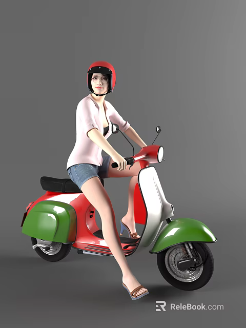 A Woman In Pink Top And Denim Shorts Riding Green Red White Vintage Scooter 3d model 