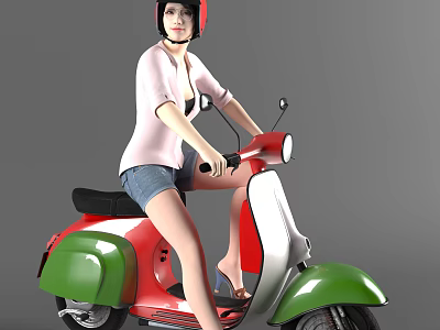 A Woman In Pink Top And Denim Shorts Riding Green Red White Vintage Scooter 3d model