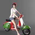 A Woman In Pink Top And Denim Shorts Riding Green Red White Vintage Scooter