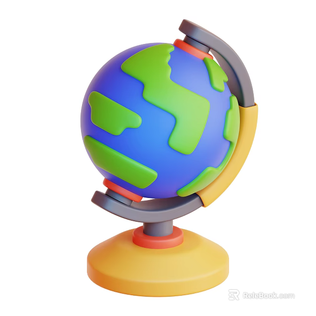 Colorful 3D Globe With Blue Green Landmass And Yellow Stand Base Design 3d model 