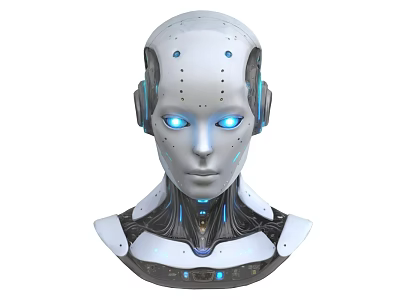 Smart Machine Head With Blue Glowing Eyes And Futuristic White Black Casing 3d model