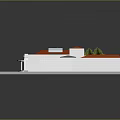 Modern White Building Featuring Red Roof Sections Green Trees Sand Area And Windows