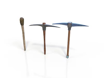Three Construction Pickaxes With Wooden Handles And Metal Heads 3d model
