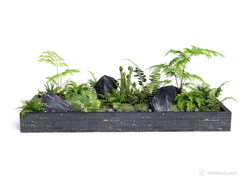 Black Rectangular Bonsai Planter With Various Green Plants And Black Stones 3d model 