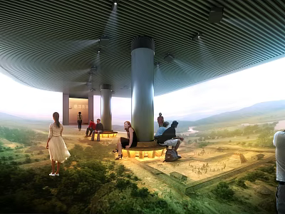Modern Cinema Lobby With People Sitting On Benches Green Plants Unique Ceiling And Natural Light 3d model