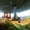 Modern Cinema Lobby With People Sitting On Benches Green Plants Unique Ceiling And Natural Light