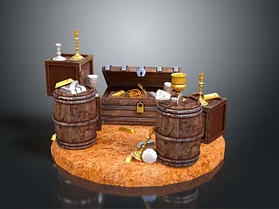 Vintage Adventure Scene Setup With Wooden Barrels Treasure Chest And Candlesticks 3d model