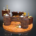 Vintage Adventure Scene Setup With Wooden Barrels Treasure Chest And Candlesticks