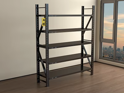 Heavy Duty Metal Shelving Unit With Multiple Layers On Wooden Floor By Window City View 3d model