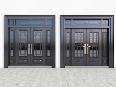 Double Black Metal Front Doors With Glass Panels Decorative Grilles And Golden Handles 3d model