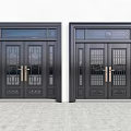 Double Black Metal Front Doors With Glass Panels Decorative Grilles And Golden Handles