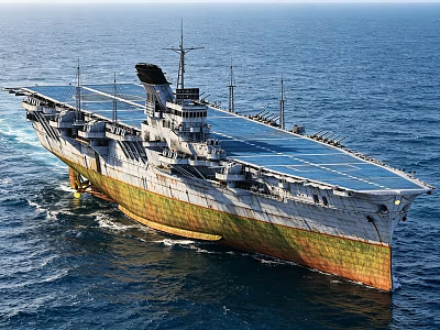 Vintage Aircraft Carrier Sailing On Blue Ocean With Long Flight Deck And Green Yellow Hull 3d model