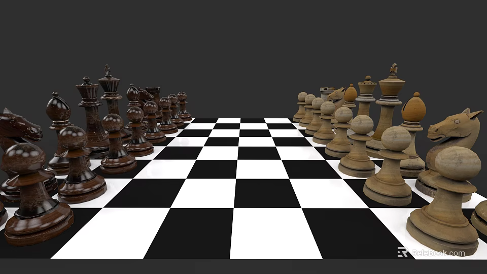 Chessboard With Black And White Checkerboard Pattern And Arranged Chess Pieces 3d model 