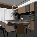 Modern Restaurant Interior With Dining Table Chairs Pendant Light And Decorative Plants 3d model