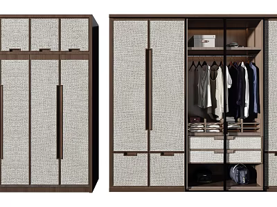 Modern Wardrobe With Wooden Frame Fabric Door Panels Open Storage Hanging Clothes Drawers 3d model