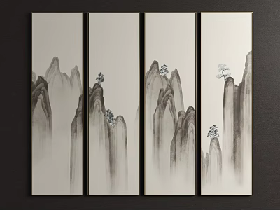 Four Panel Chinese Ink Style Mountain Landscape Wall Art With Rocky Peaks And Pine Trees 3d model