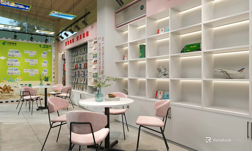 Modern Bookstore Interior With Pink Chairs Round Tables White Bookshelves And Green Plants 3d model 