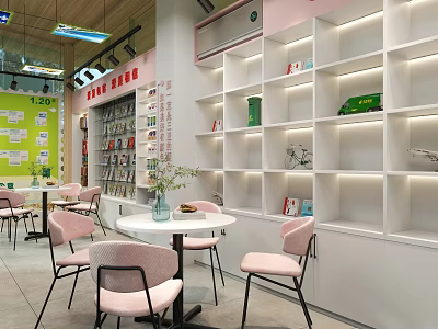 Modern Bookstore Interior With Pink Chairs Round Tables White Bookshelves And Green Plants 3d model