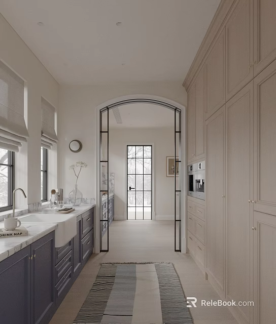 Modern Minimalist Kitchen Interior With Light Colored Cabinets Arched Doorway Windows And Sink On Countertop 3d model 