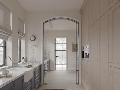 Modern Minimalist Kitchen Interior With Light Colored Cabinets Arched Doorway Windows And Sink On Countertop 3d model