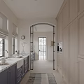 Modern Minimalist Kitchen Interior With Light Colored Cabinets Arched Doorway Windows And Sink On Countertop