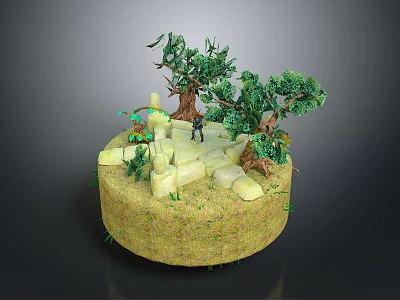 Detailed Miniature Landscape Scene With Green Grass Trees Stones And Figure 3d model