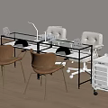 Stylish Modern Vanity Table with Glass Top Brown Chairs and Mobile Storage Cart in Room