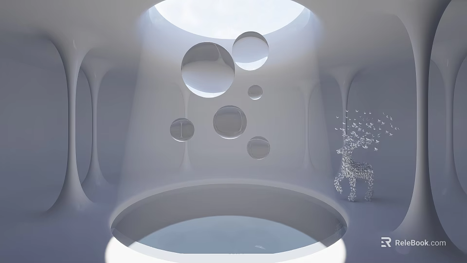 Modern Minimalist Interior Space With Circular Openings And Decorative Deer Sculpture 3d model 
