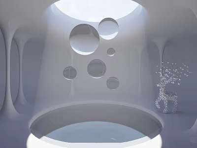 Modern Minimalist Interior Space With Circular Openings And Decorative Deer Sculpture 3d model