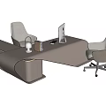 Modern Office Desk With Unique Curved Shape Two Gray Chairs Computer Monitor And Desk Lamp