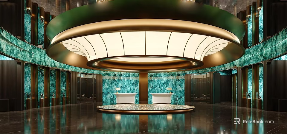Elegant Hotel Lobby With Large Circular Chandelier And Teal Marble Walls 3d model 