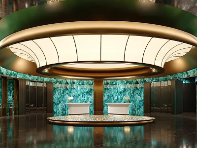 Elegant Hotel Lobby With Large Circular Chandelier And Teal Marble Walls 3d model