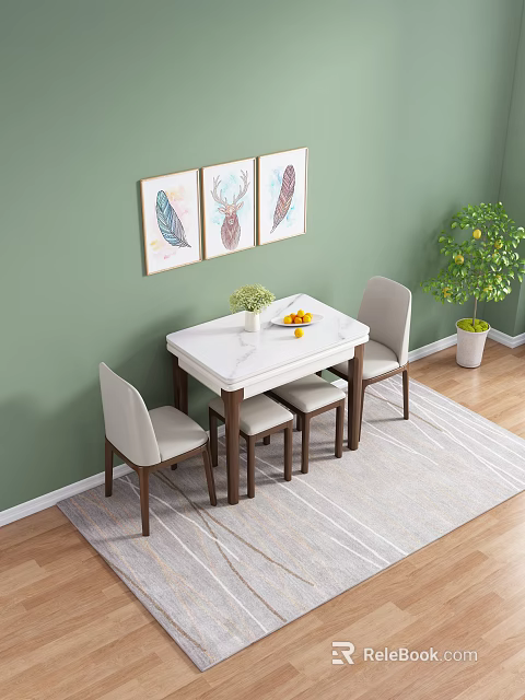 Cozy Dining Room With Green Walls Decorative Paintings Marble Table Chairs And Potted Plant 3d model 